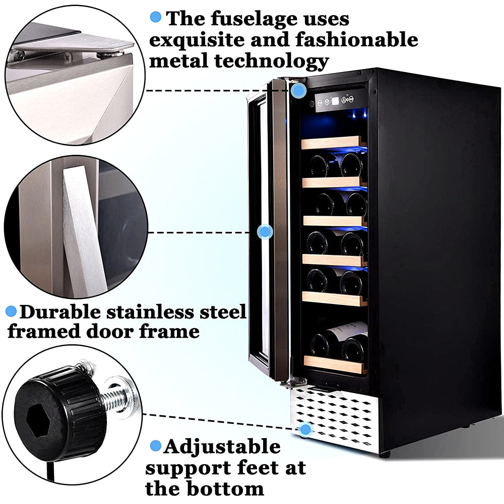 Wine cooler stainless steel door frame and adjustable feet