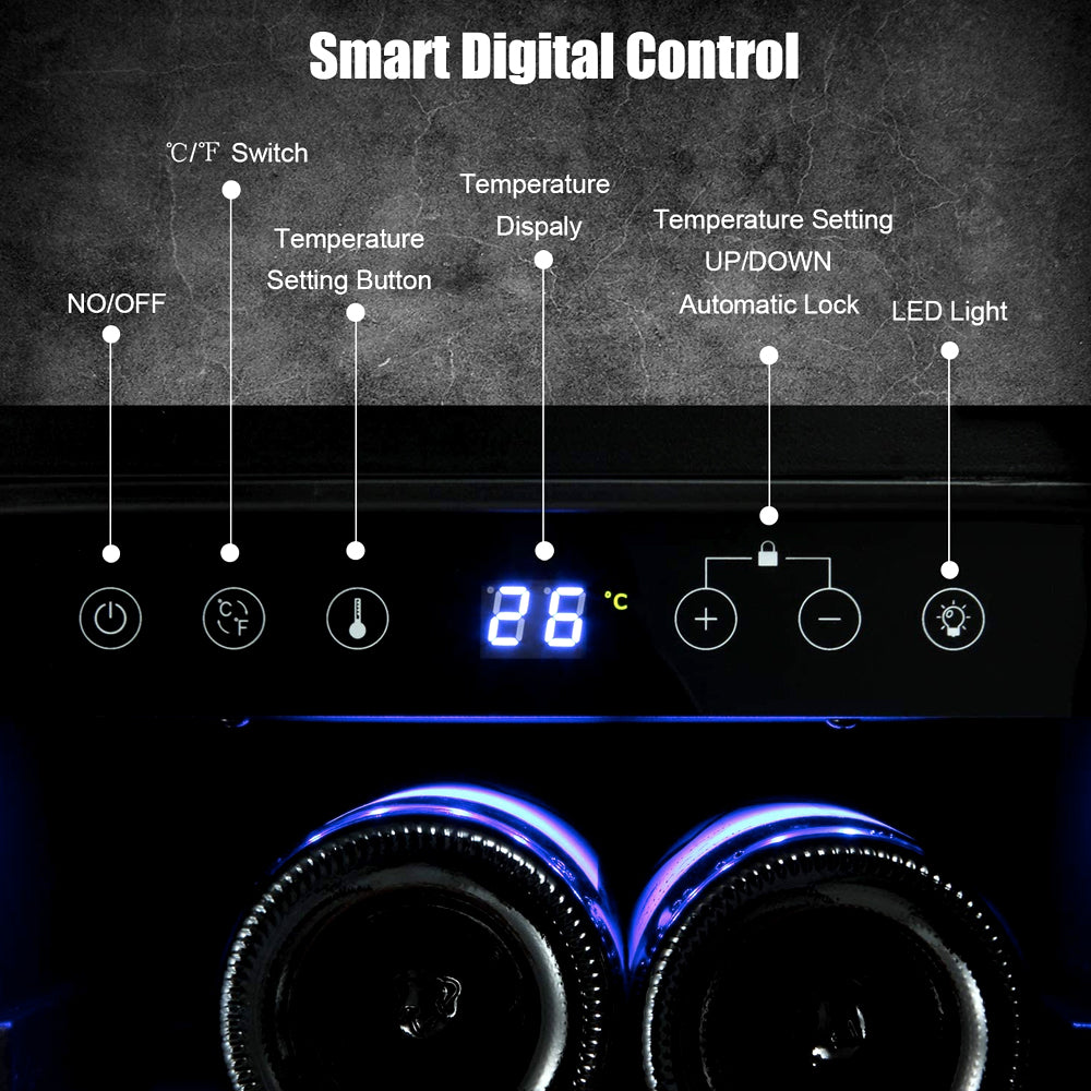 Wine cooler digital touch controls and temperature display