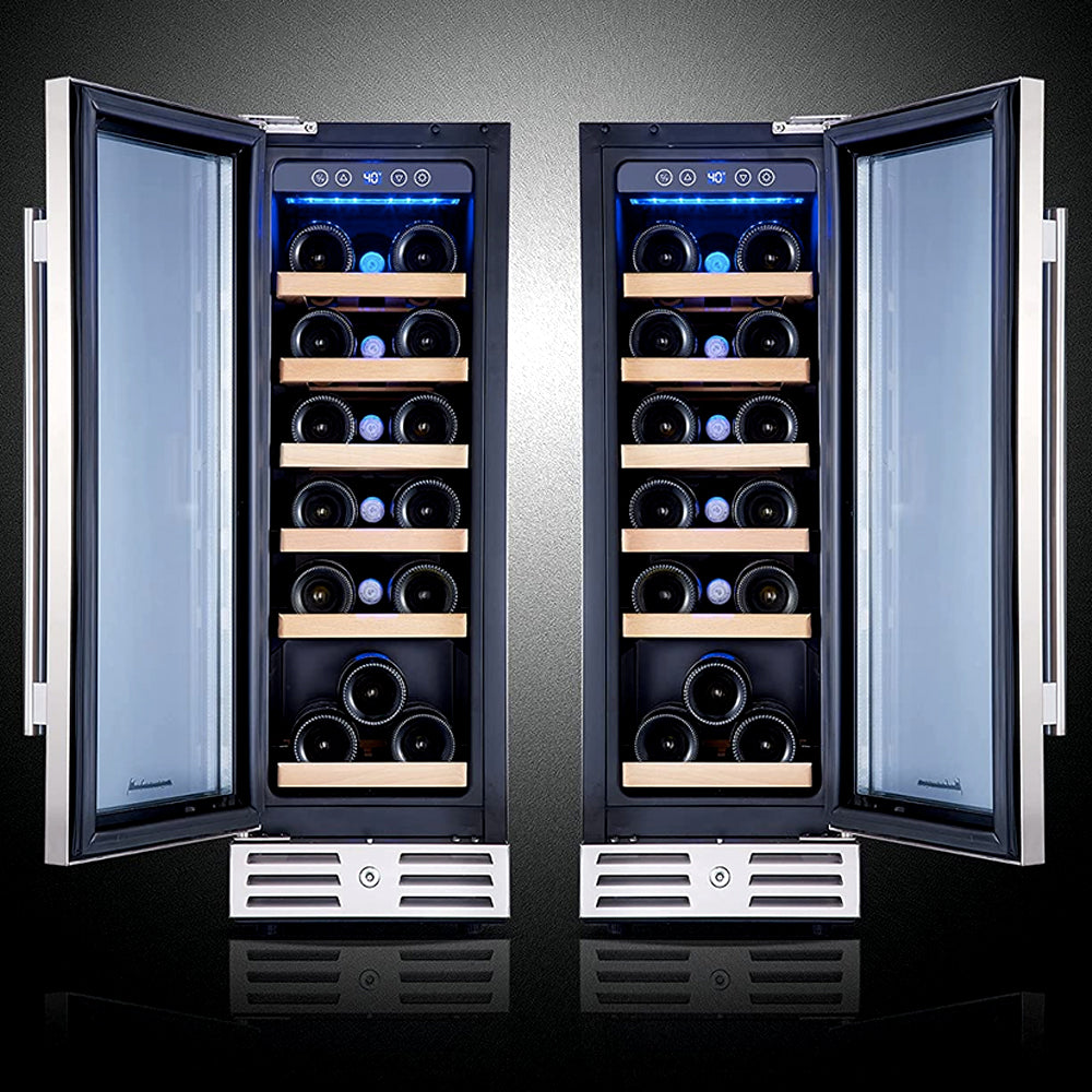 Two wine coolers side by side with doors open