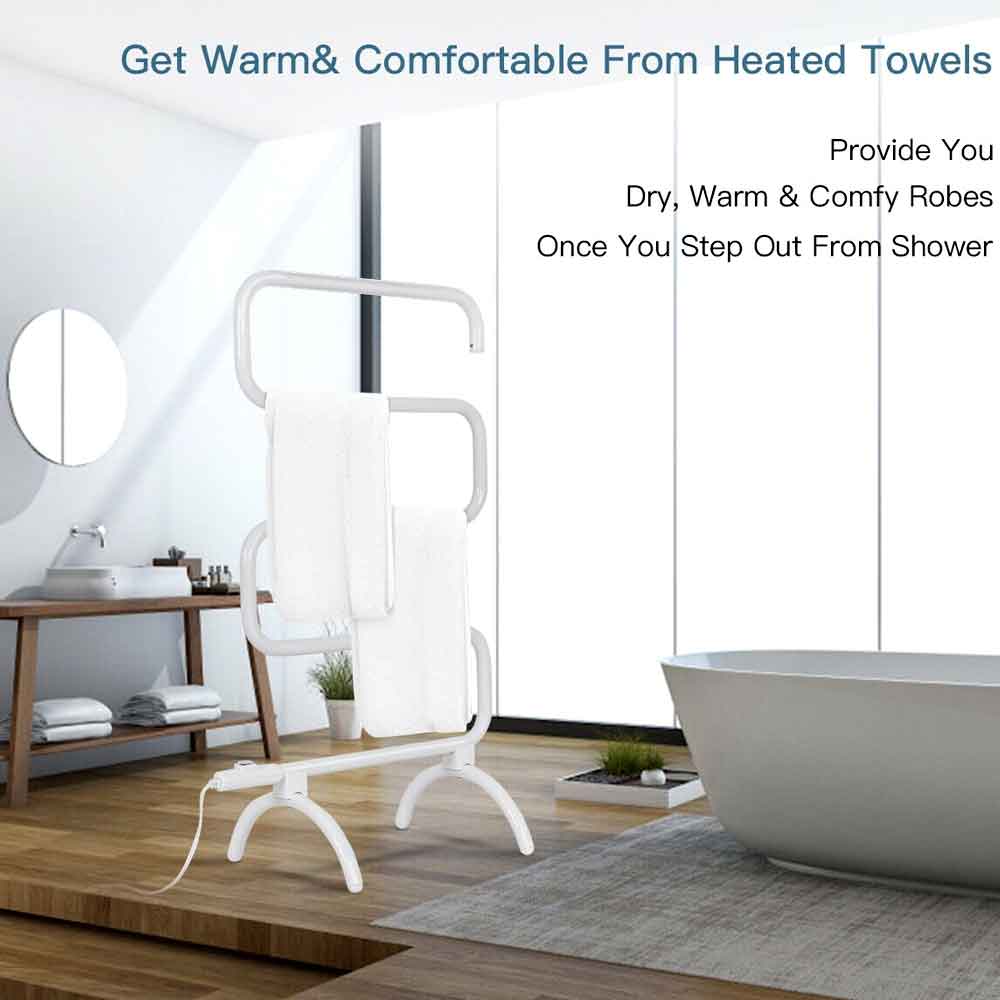 Heated towel warmer rack beside a bathtub in a bright bathroom