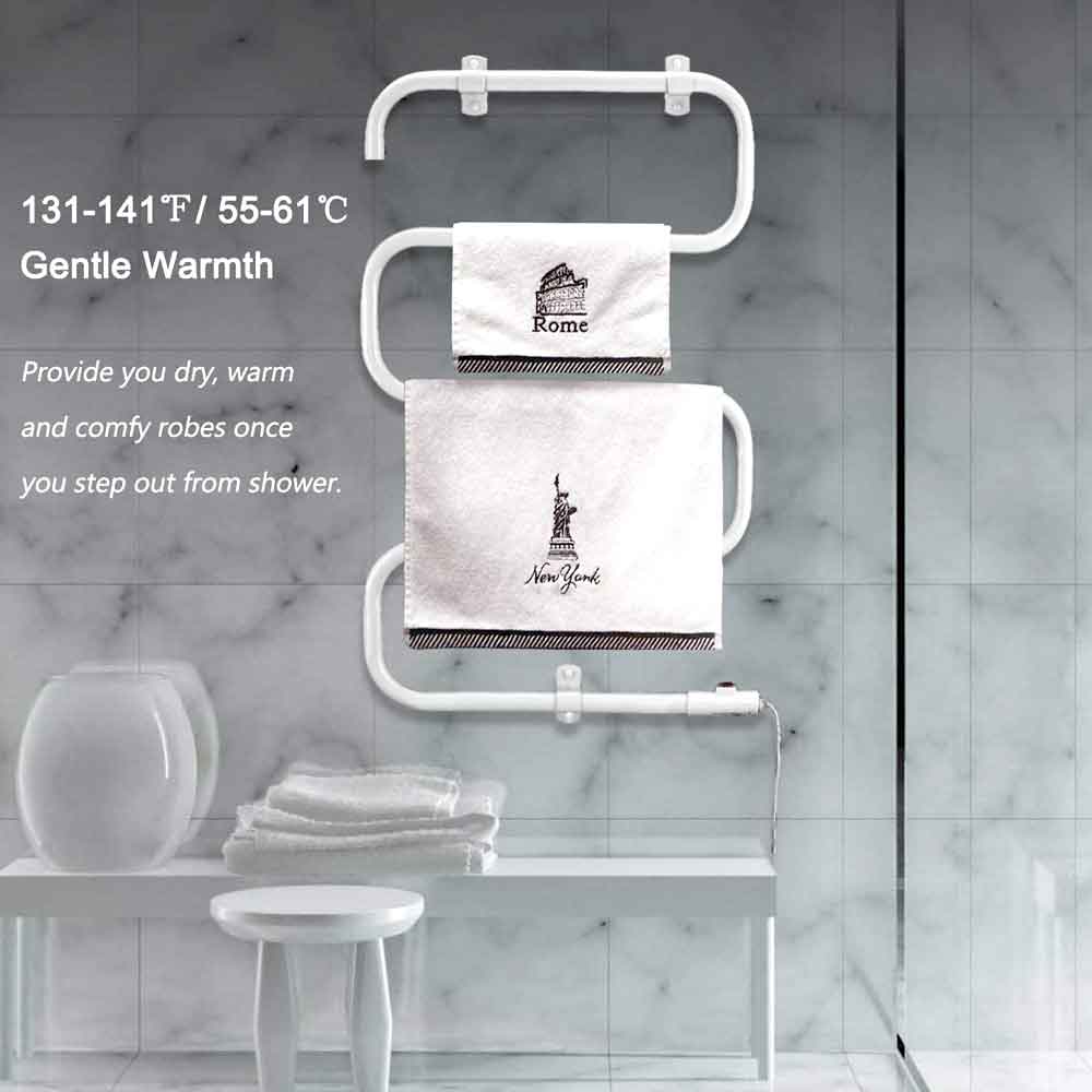 Wall-mounted towel warmer heating to 131–141°F