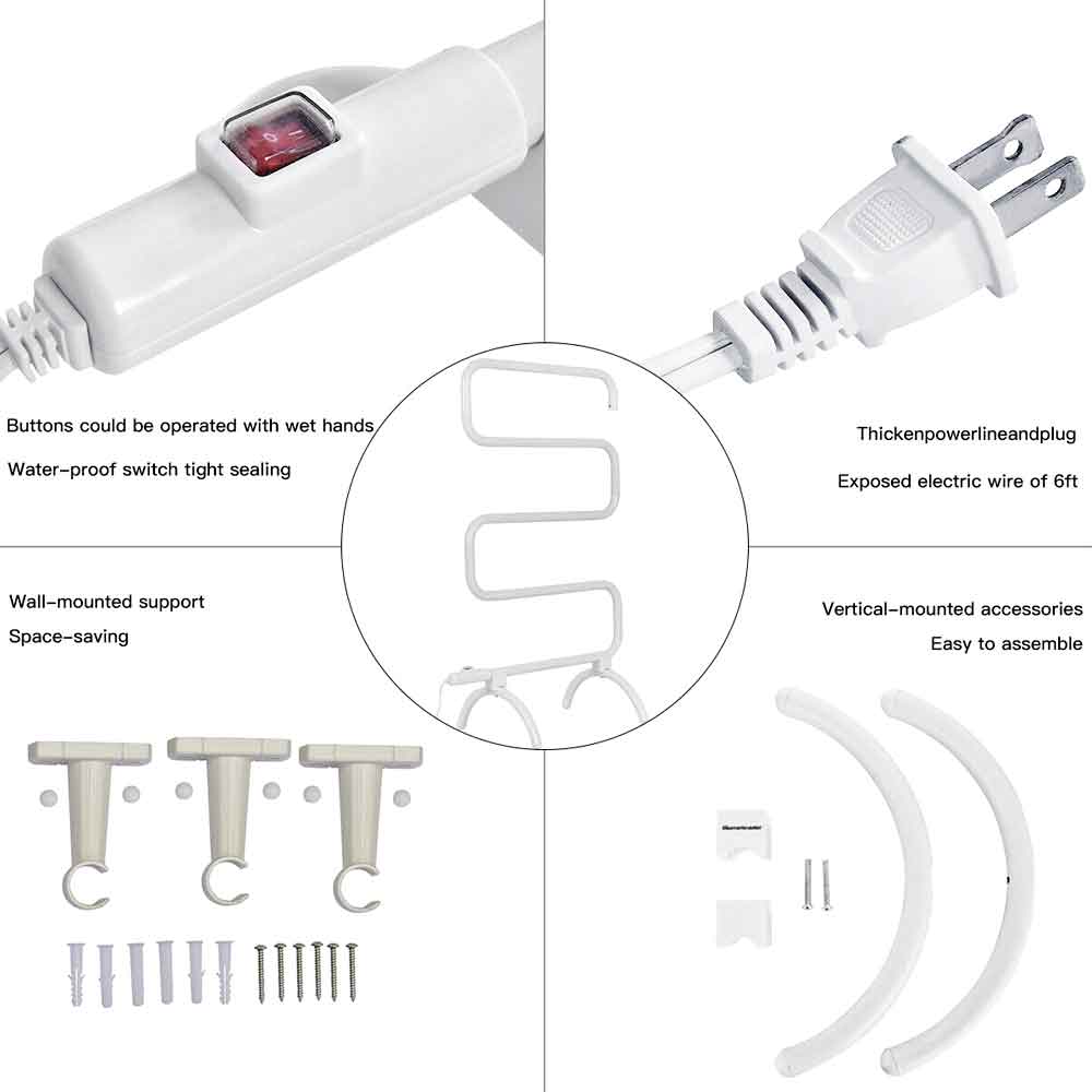 Towel warmer switch, plug and wall-mount hardware