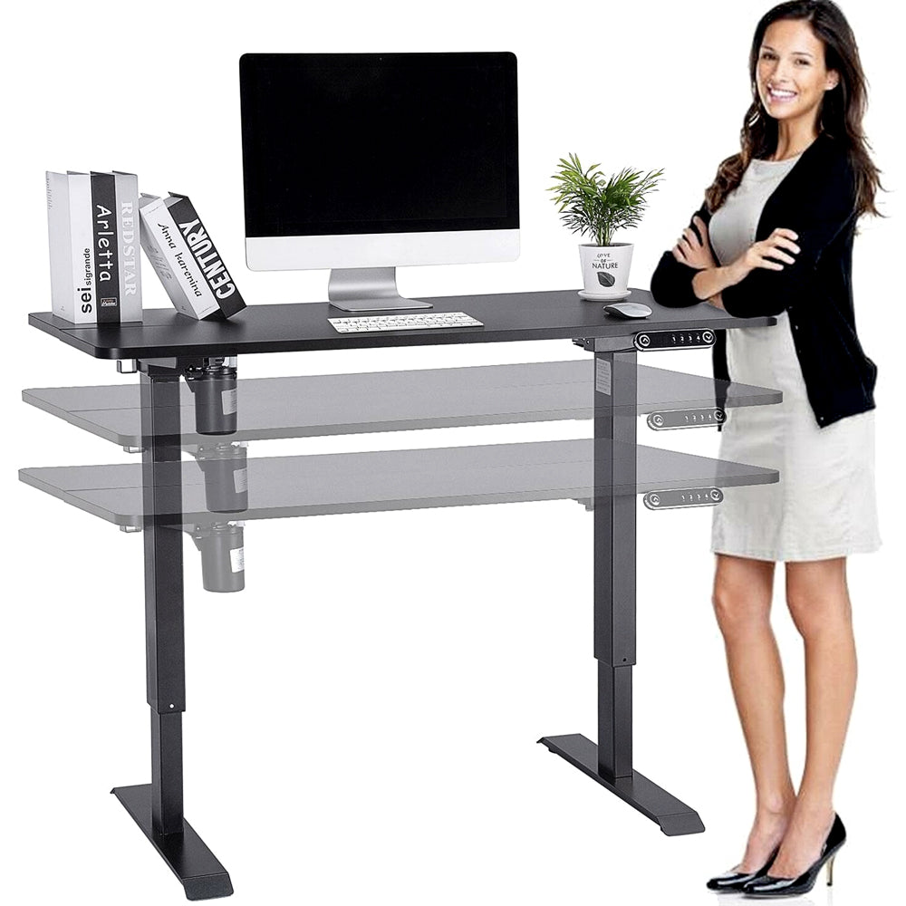 Black standing desk shown at different heights