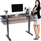 Standing desk with brown wood-look top shown at different heights
