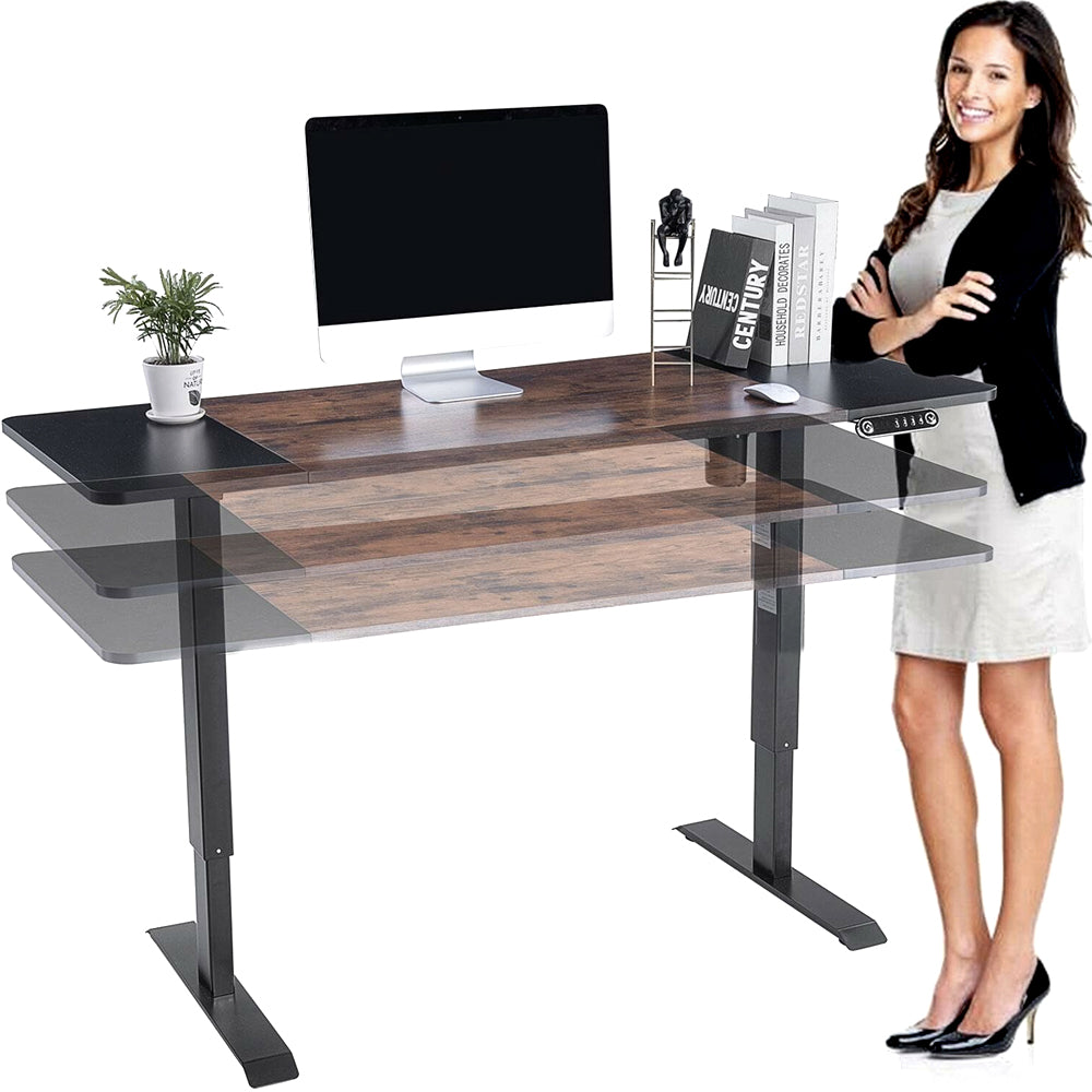 Standing desk with brown wood-look top shown at different heights