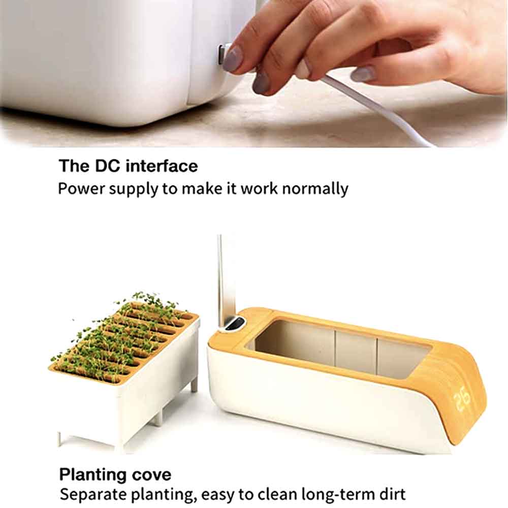 Hydroponic garden power port and removable planting tray