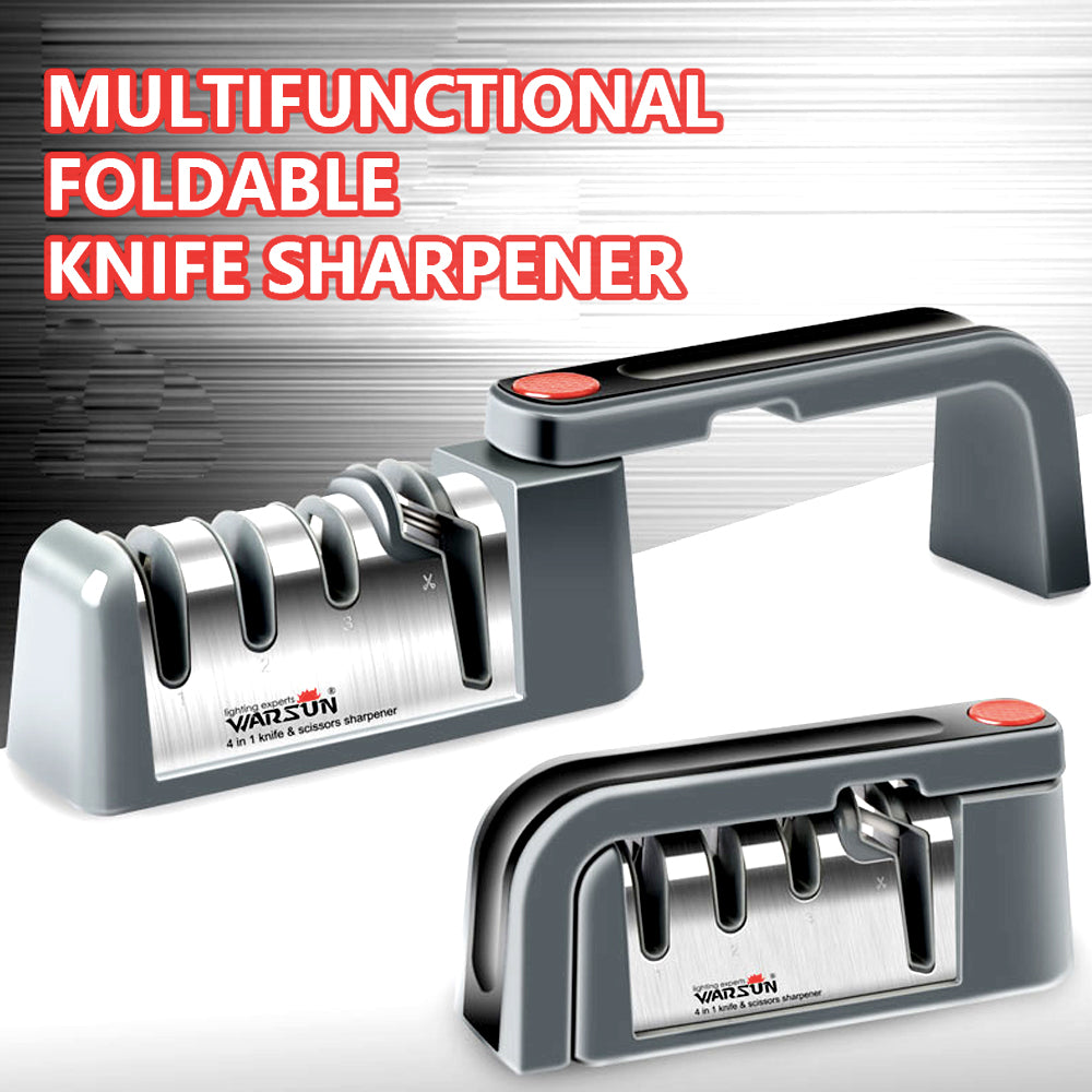 Foldable multifunction knife sharpener, open and folded