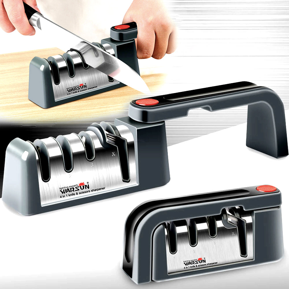 Sharpening a kitchen knife in the foldable 4-stage sharpener