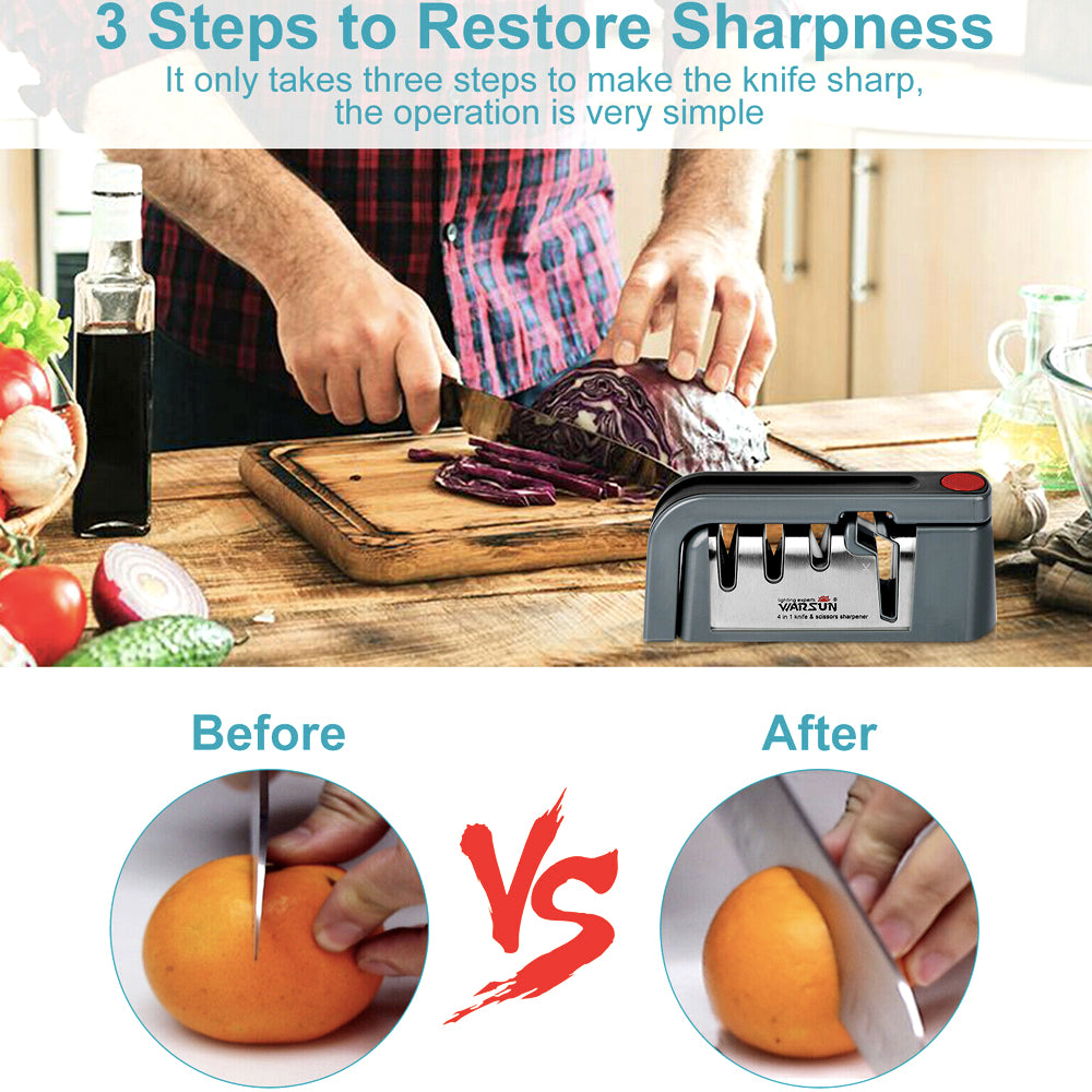Sharpening a knife in three steps, with before and after slicing results