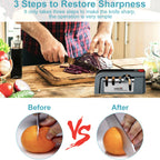 Sharpening a knife in three steps, with before and after slicing results