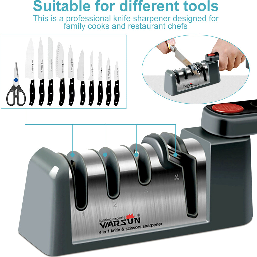 Knife sharpener slots for kitchen knives and scissors