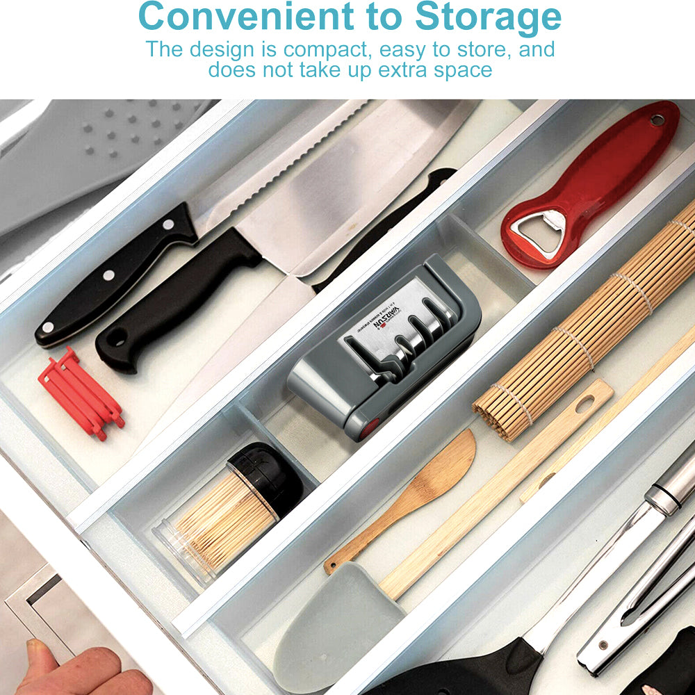 Folded knife sharpener stored in a kitchen drawer