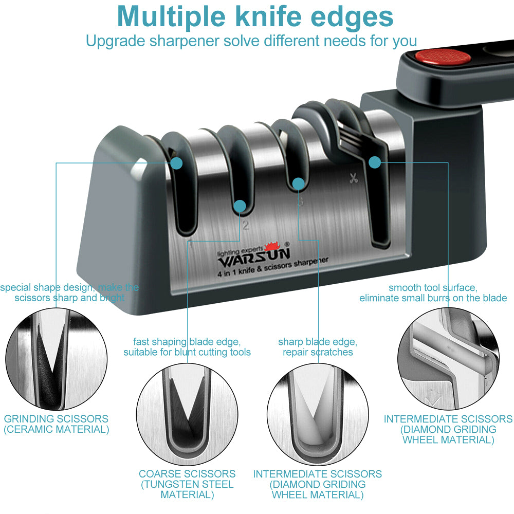 Sharpener stages for coarse, fine and scissor sharpening