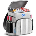 Gray insulated cooler backpack filled with ice and drinks, wine bottles in side pockets