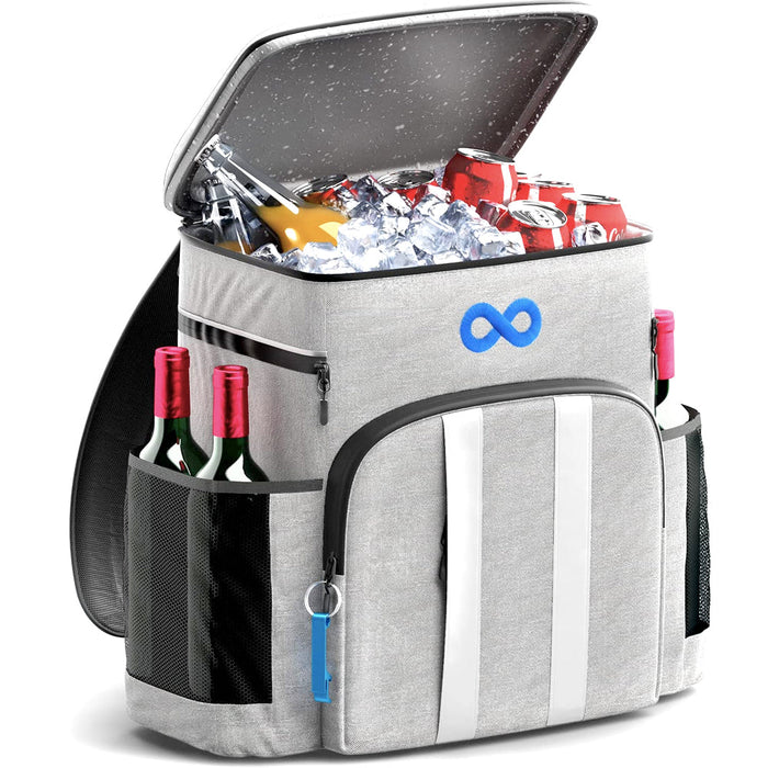 Gray insulated cooler backpack filled with ice and drinks, wine bottles in side pockets