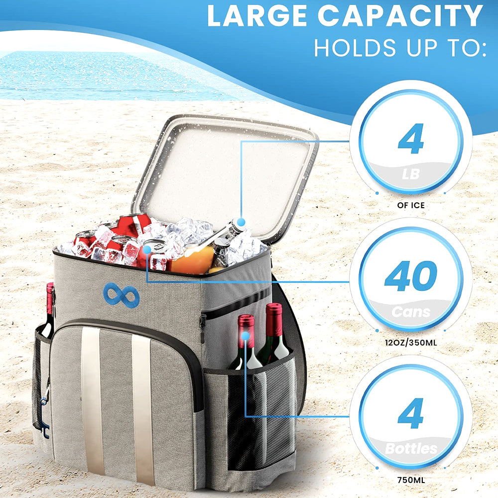 Cooler backpack holding up to 40 cans, on a beach