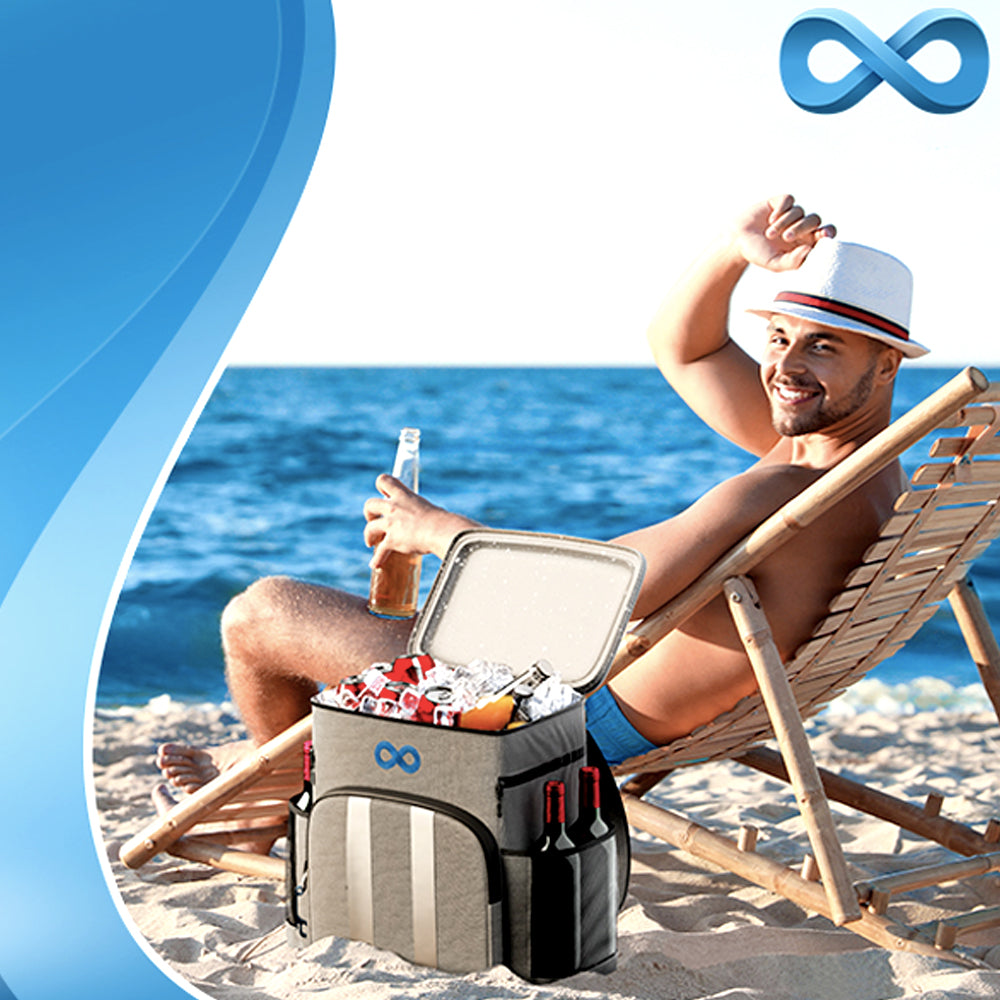 Man relaxing on a beach chair with the open cooler backpack