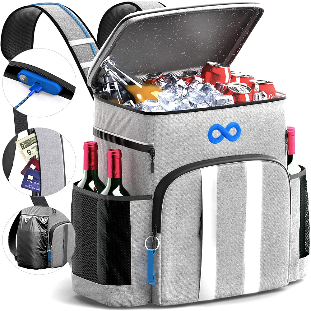 Cooler backpack with padded straps, front pocket and bottle opener