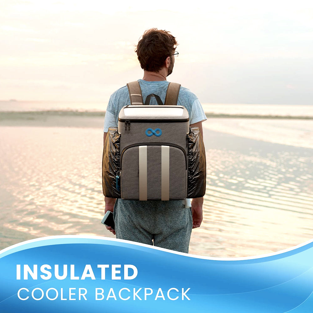 Man wearing the insulated cooler backpack on a beach