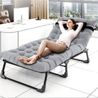 Woman resting on the folding cot with padded mattress