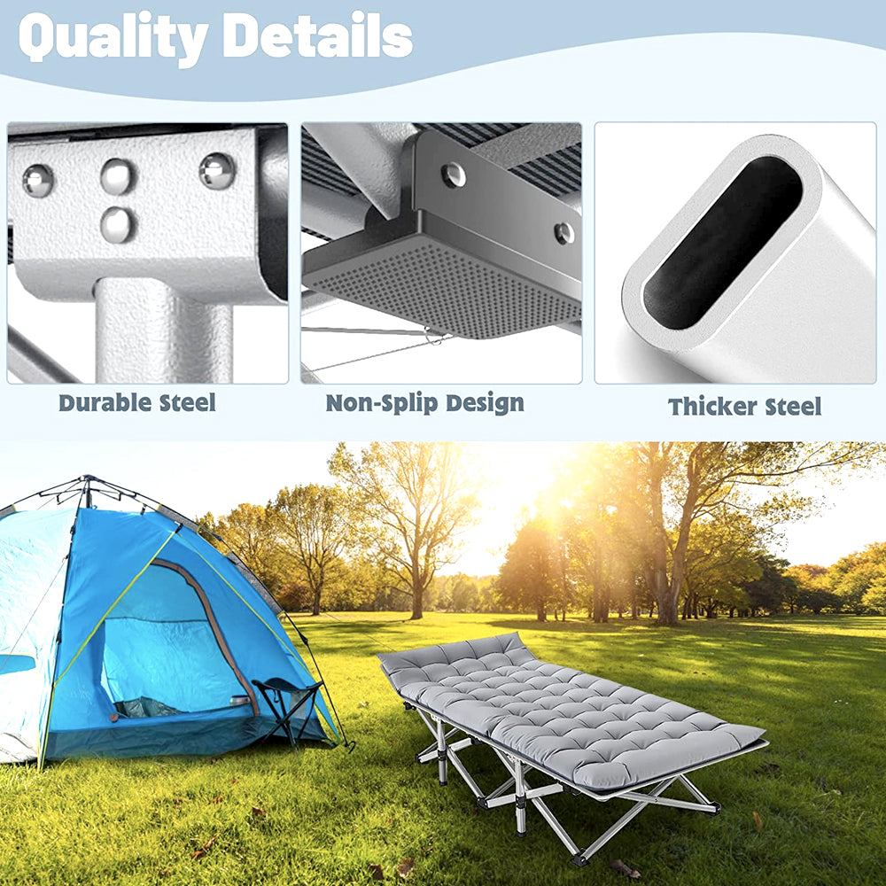 Cot steel frame and non-slip feet, set up beside a tent