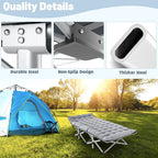 Cot steel frame and non-slip feet, set up beside a tent