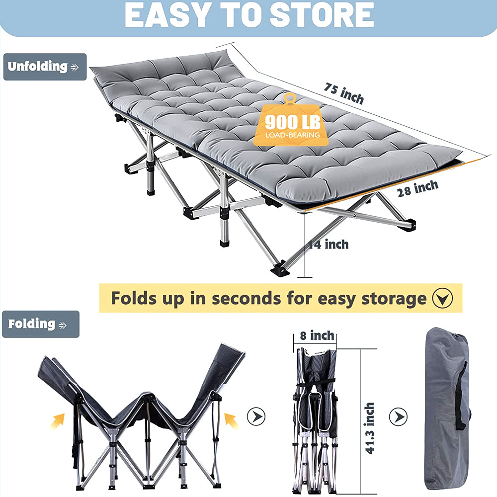 Cot dimensions 75 x 28 inches, folding into its carry bag