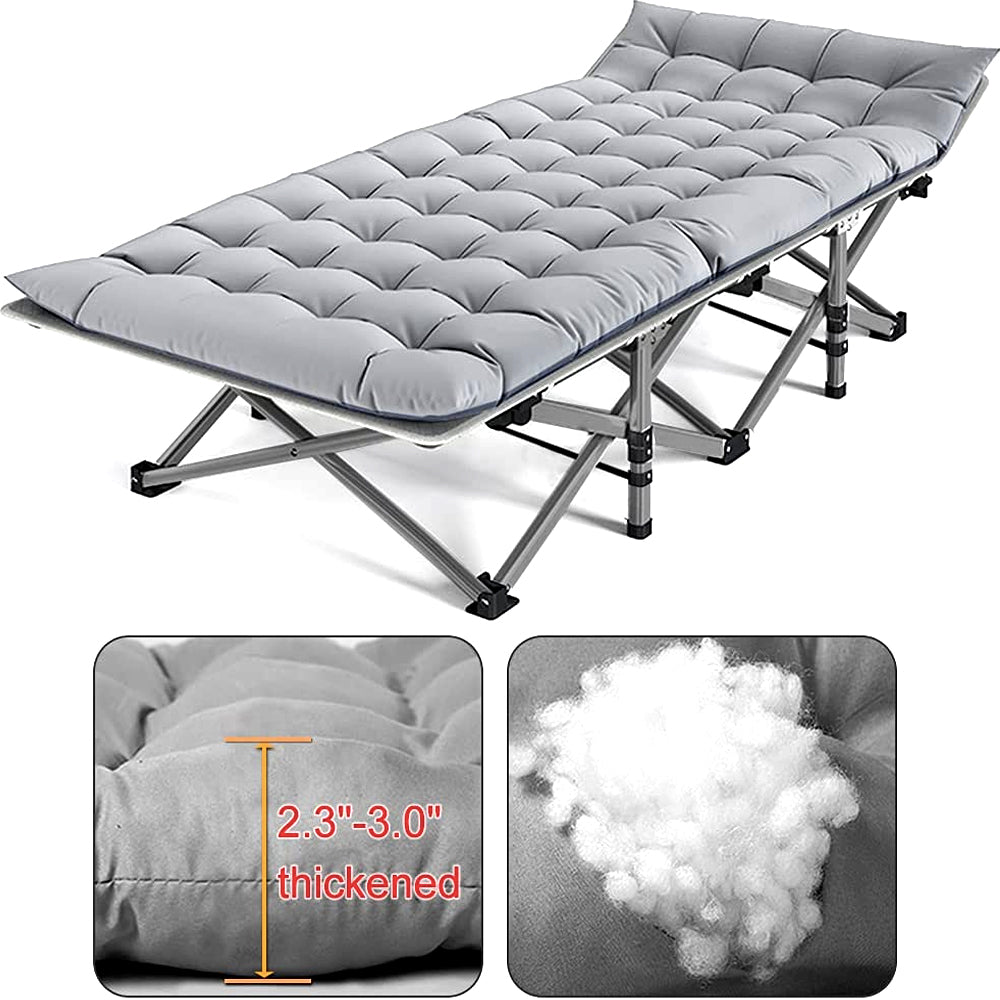 Folding cot with a 2.3 to 3 inch thick padded mattress