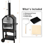 Pizza oven dimensions with included cover, pizza peel and pizza stone