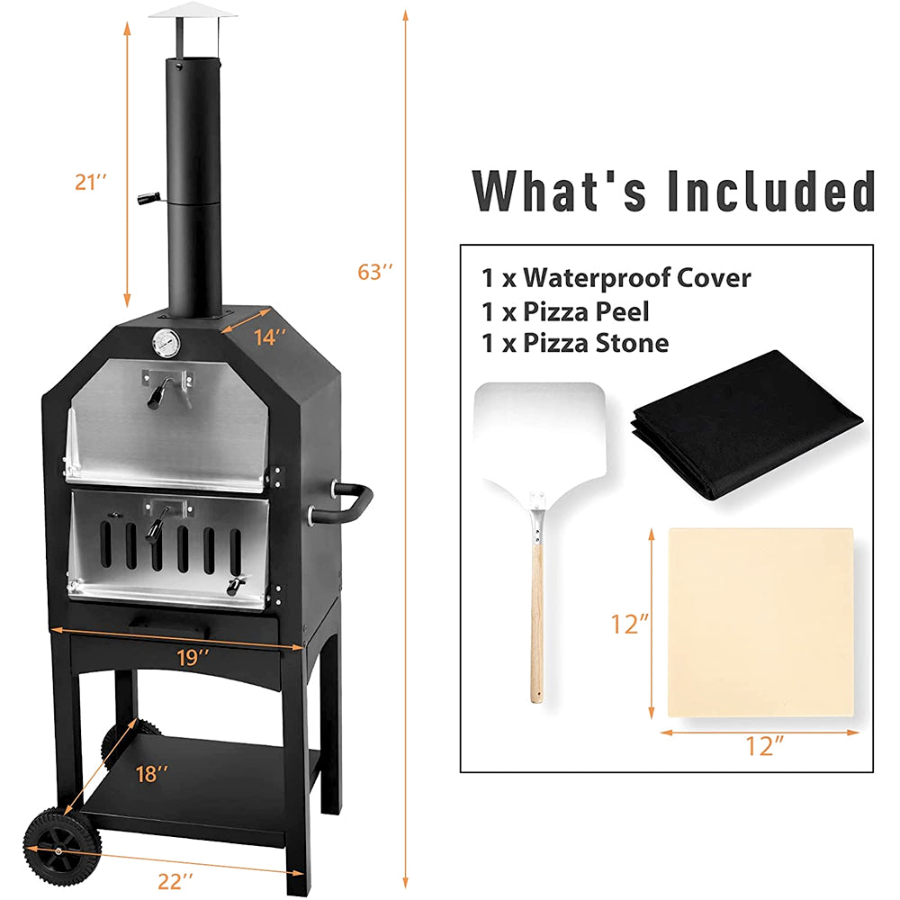 Pizza oven dimensions with included cover, pizza peel and pizza stone