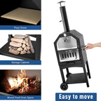 Pizza stone, firewood storage and wheels for moving the oven