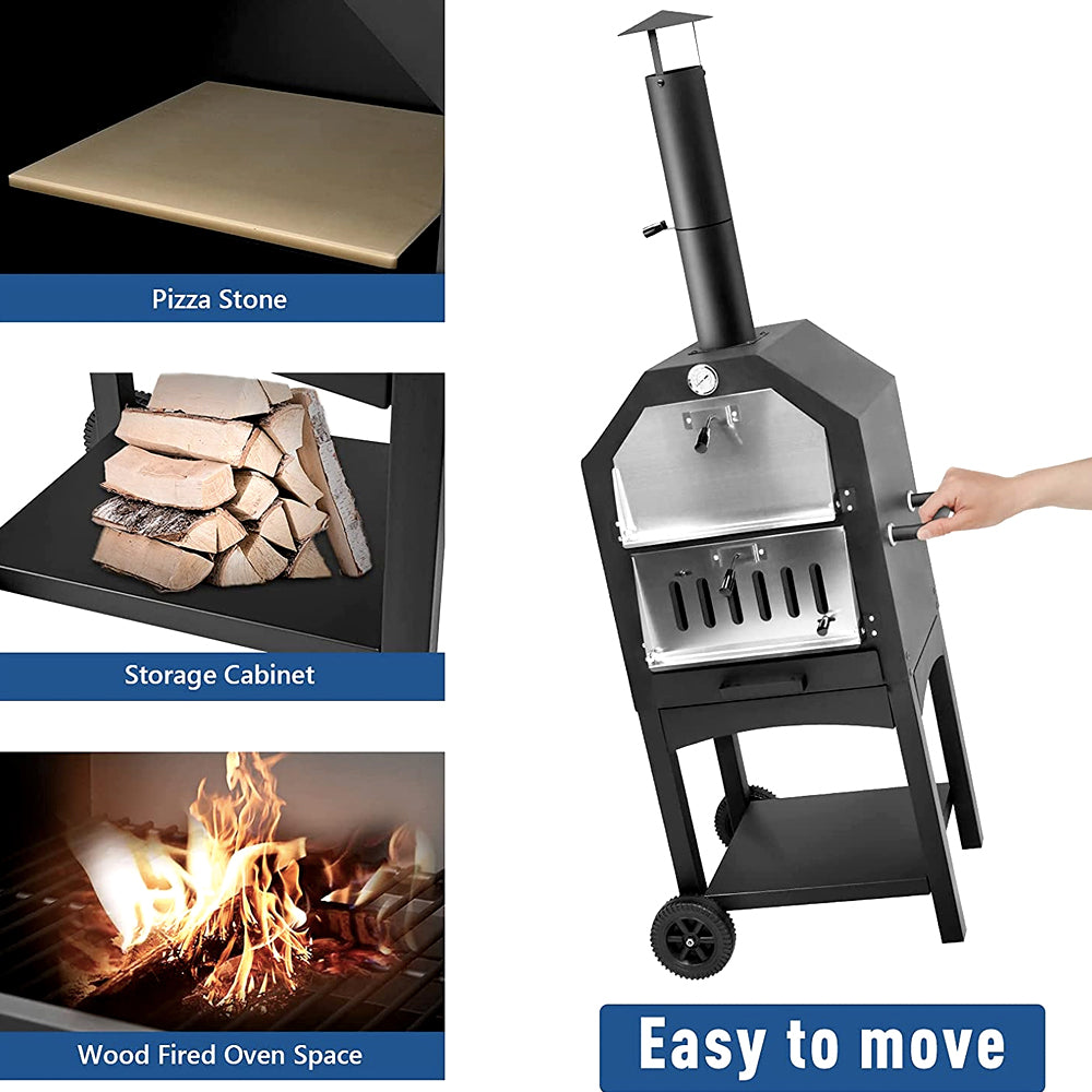Pizza stone, firewood storage and wheels for moving the oven