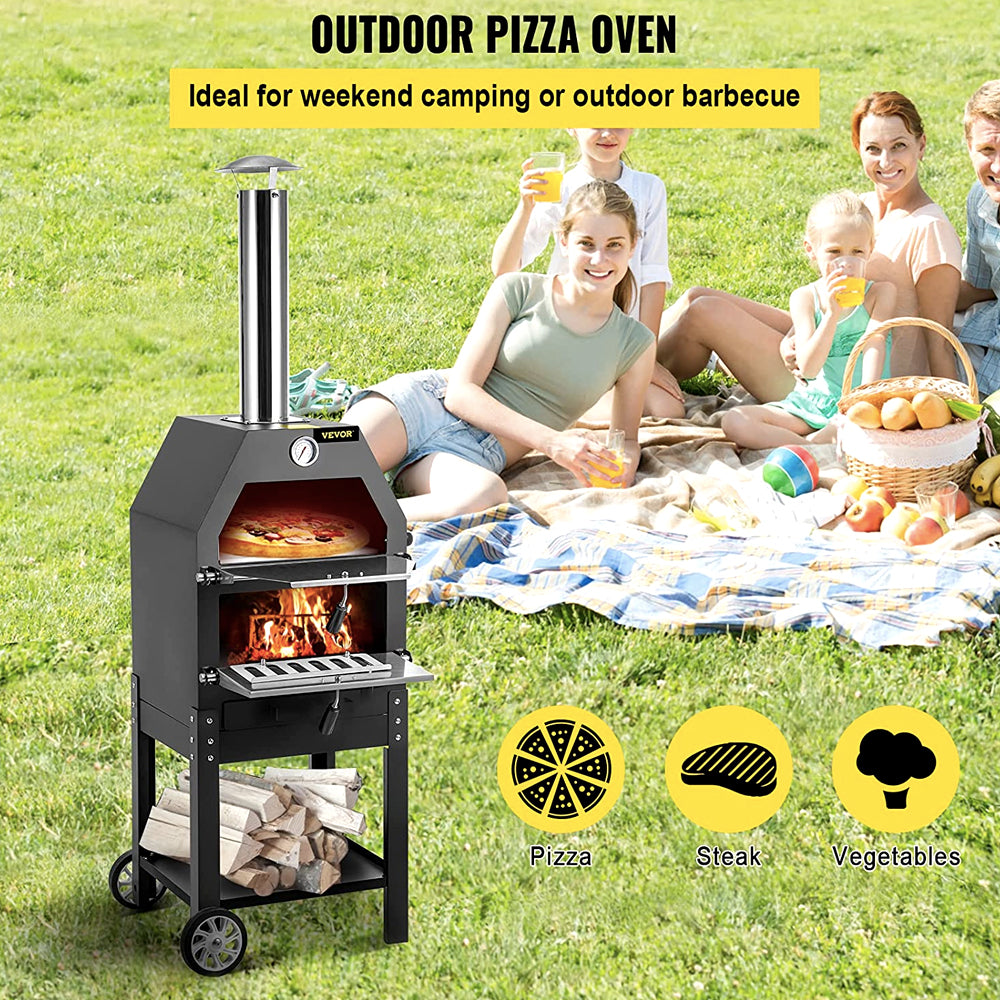Outdoor pizza oven beside a family picnic on the lawn