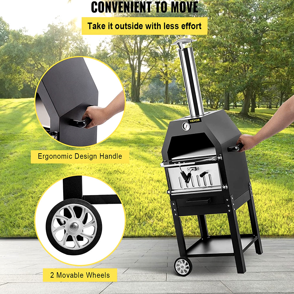 Pizza oven handle and two wheels for moving it outside