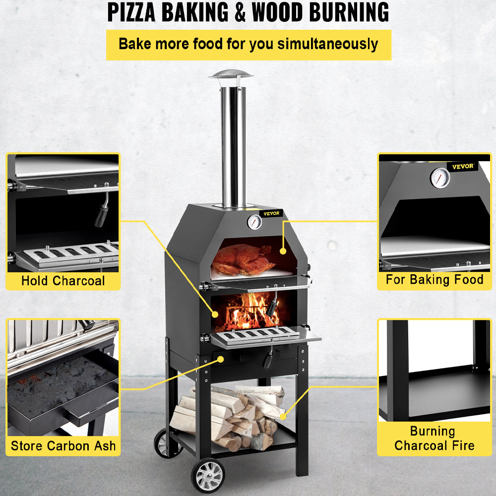 Pizza oven layout: charcoal tray, baking rack, ash drawer and fire chamber