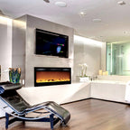 Linear electric fireplace mounted under a TV in a modern living room