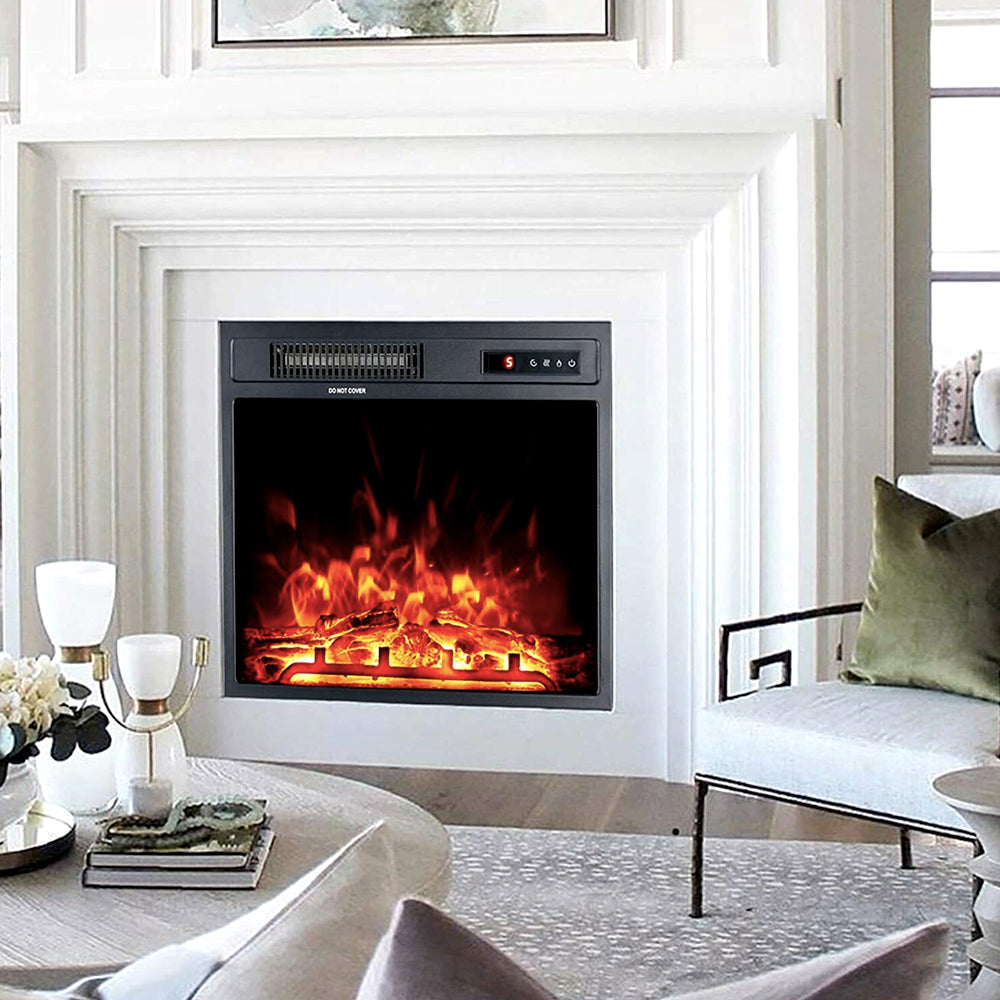 Electric fireplace insert recessed into a white living room mantel