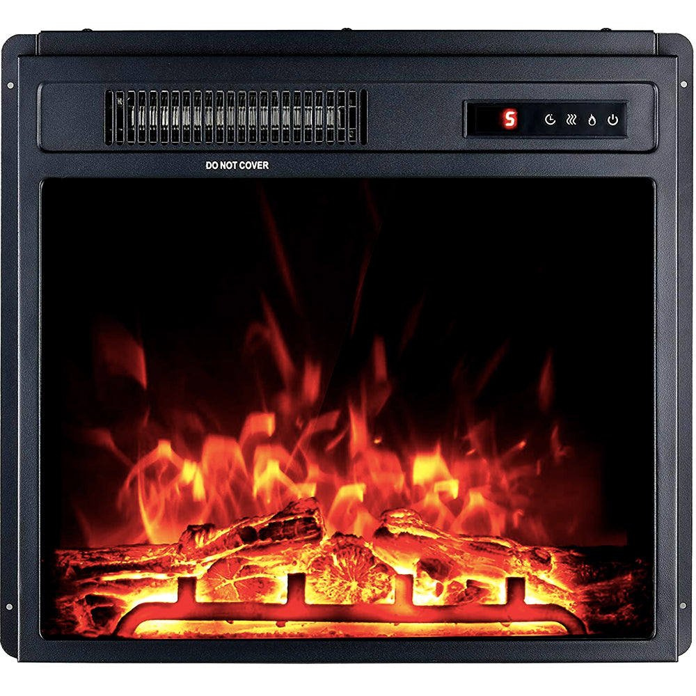 Electric fireplace insert with realistic log flames, front view