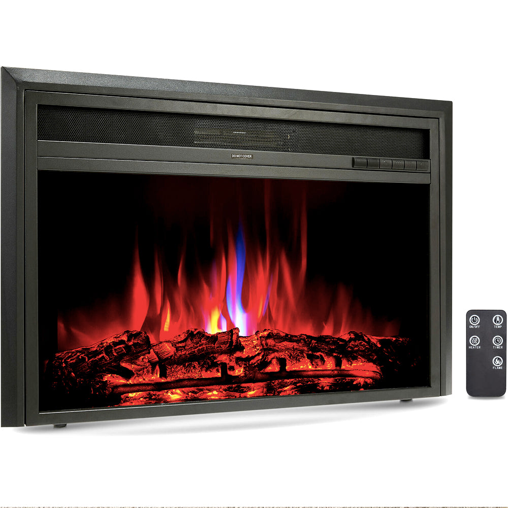 Wide electric fireplace insert with log flames and remote control