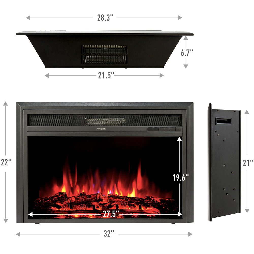 Wide electric fireplace insert dimensions, front and side view