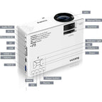 Mini projector controls, lens, focus slider and input ports