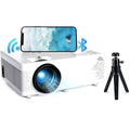 White mini projector with a phone and desktop tripod