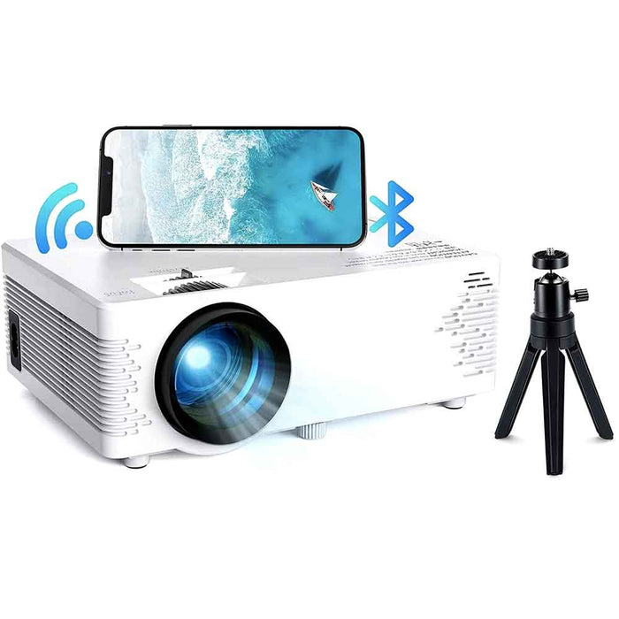 White mini projector with a phone and desktop tripod