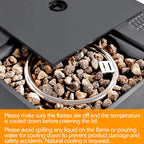 Lava rocks and burner with the fire pit lid being placed on top
