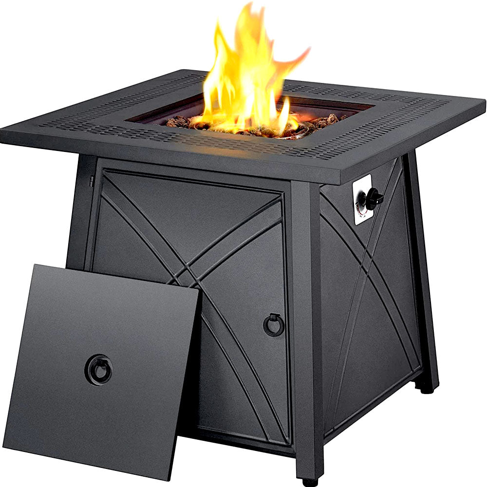 Square propane fire pit table lit, with its metal lid set aside