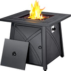 Square propane fire pit table lit, with its metal lid set aside