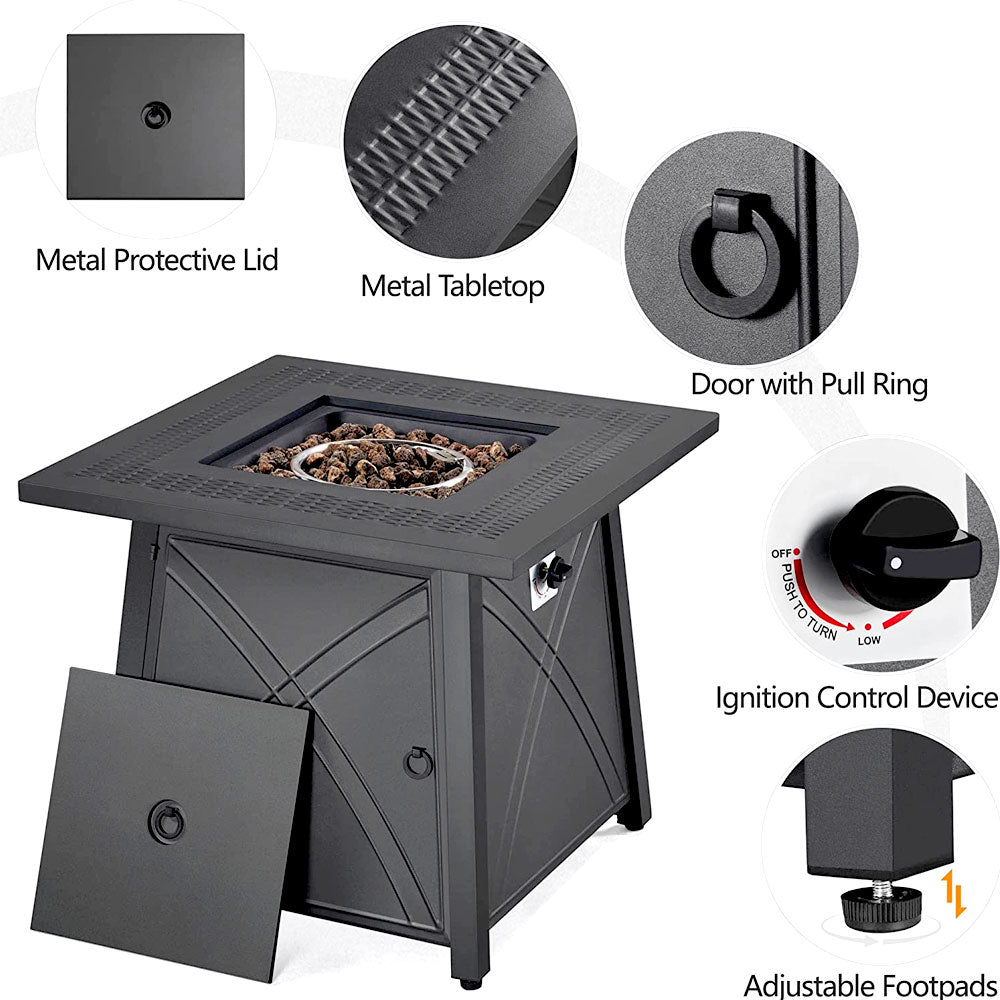 Fire pit table features: metal lid, tabletop, pull-ring door, ignition and adjustable feet