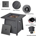 Fire pit table features: metal lid, tabletop, pull-ring door, ignition and adjustable feet