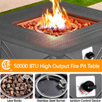 50,000 BTU fire pit flame with lava rocks, steel burner and ignition control