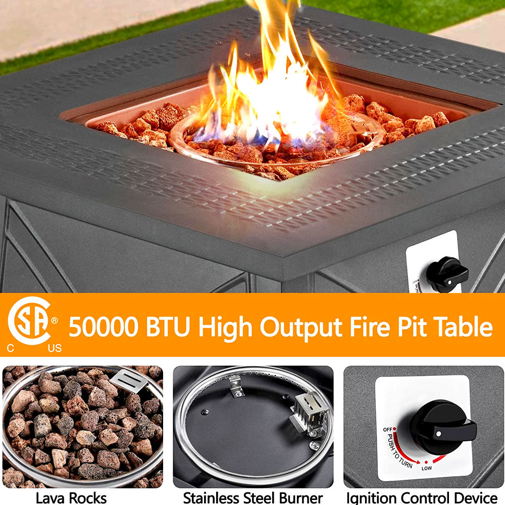 50,000 BTU fire pit flame with lava rocks, steel burner and ignition control
